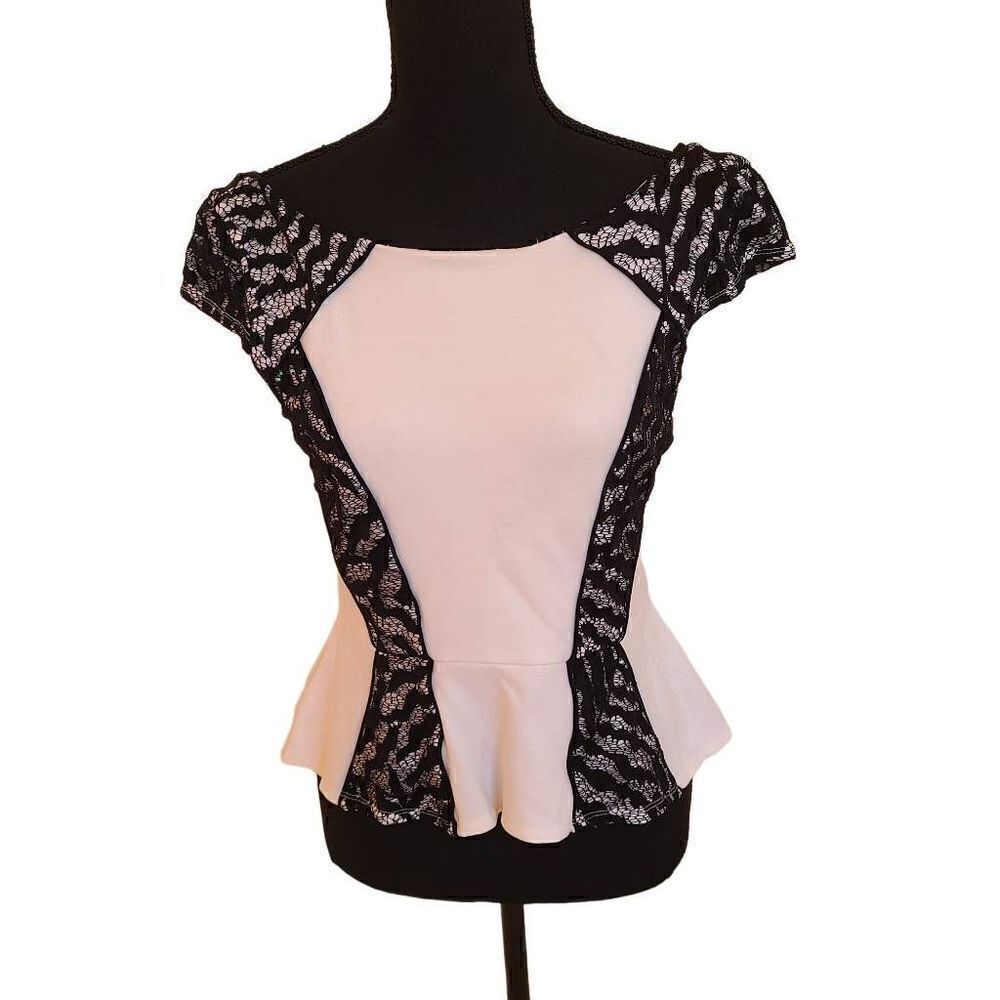 Elegant Black and White Lace Peplum Top